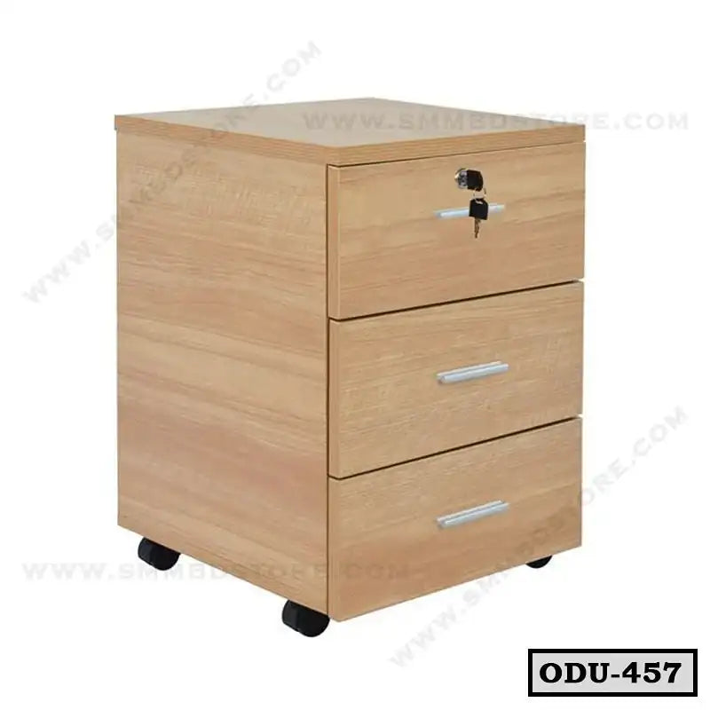 Wooden office drawer unit with three drawers, lock, and wheels, model ODU-457