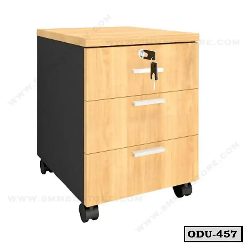 Wooden office drawer unit with three drawers, lock, and wheels for mobile storage