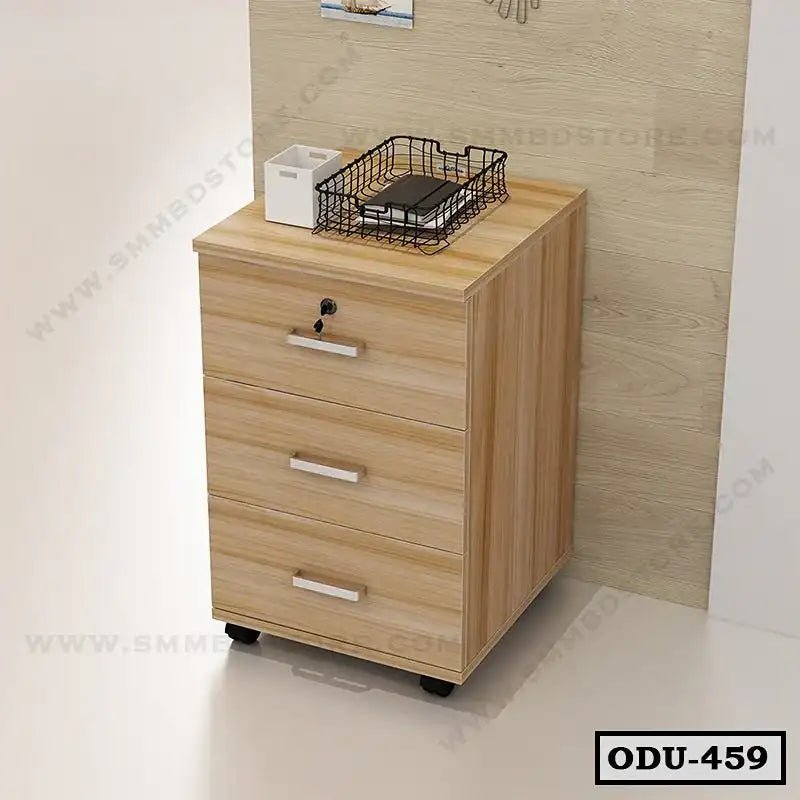 Modern wooden office drawer unit with three drawers, lock, and silver handles on wheels Main image