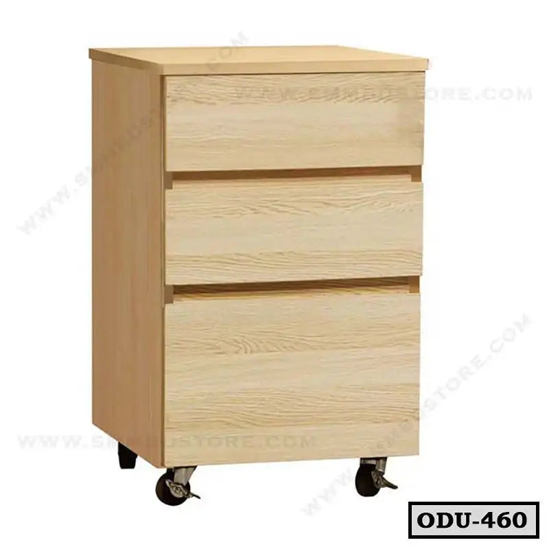 Light wood office drawer unit with three drawers and wheels for home or office storage