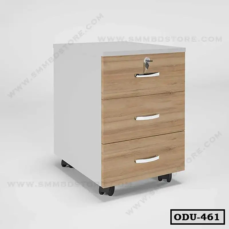 Office drawer unit with three wood-finish drawers, lock, and caster wheels on a white base Main image