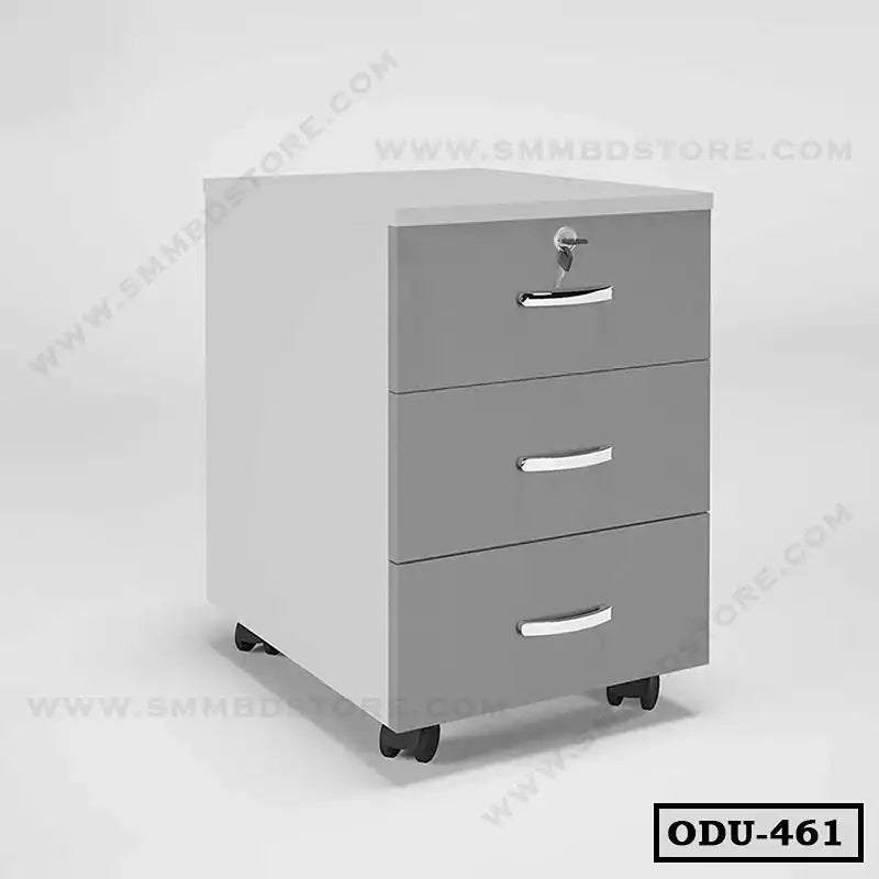 Modern office drawer unit with three grey drawers, lock, and wheels on white background