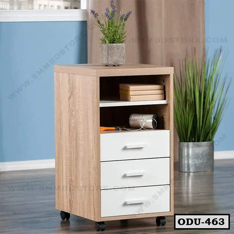 Wooden office drawer unit with three white drawers, open shelf, and caster wheels Main image