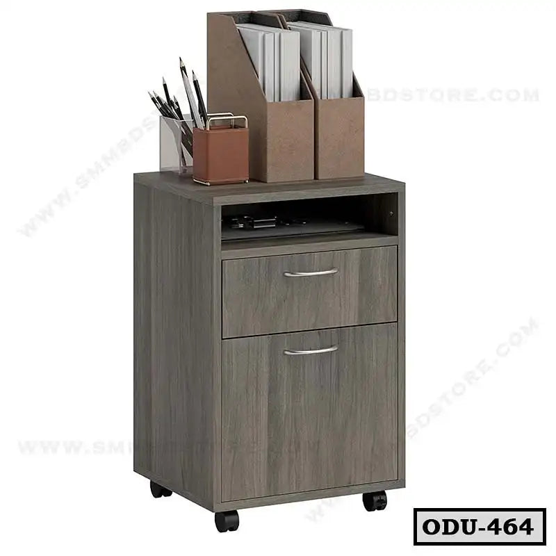 Modern wooden office drawer unit with two drawers, open shelf, and file organizers on top