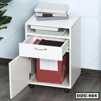 White office drawer unit with open drawer and cabinet, used for file storage on wheels