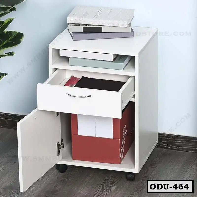 White office drawer unit with open drawer and cabinet, used for file storage on wheels