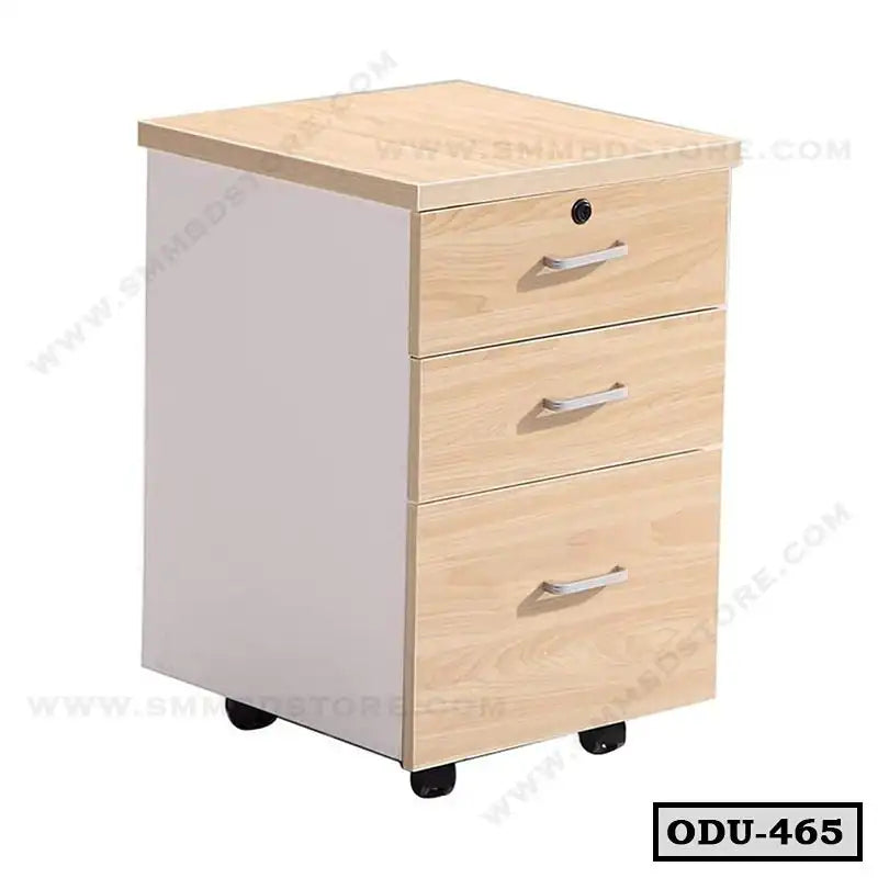 Modern office drawer unit with three wooden drawers and metal handles on wheels Main image