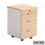 Modern office drawer unit with three wooden drawers and metal handles on wheels