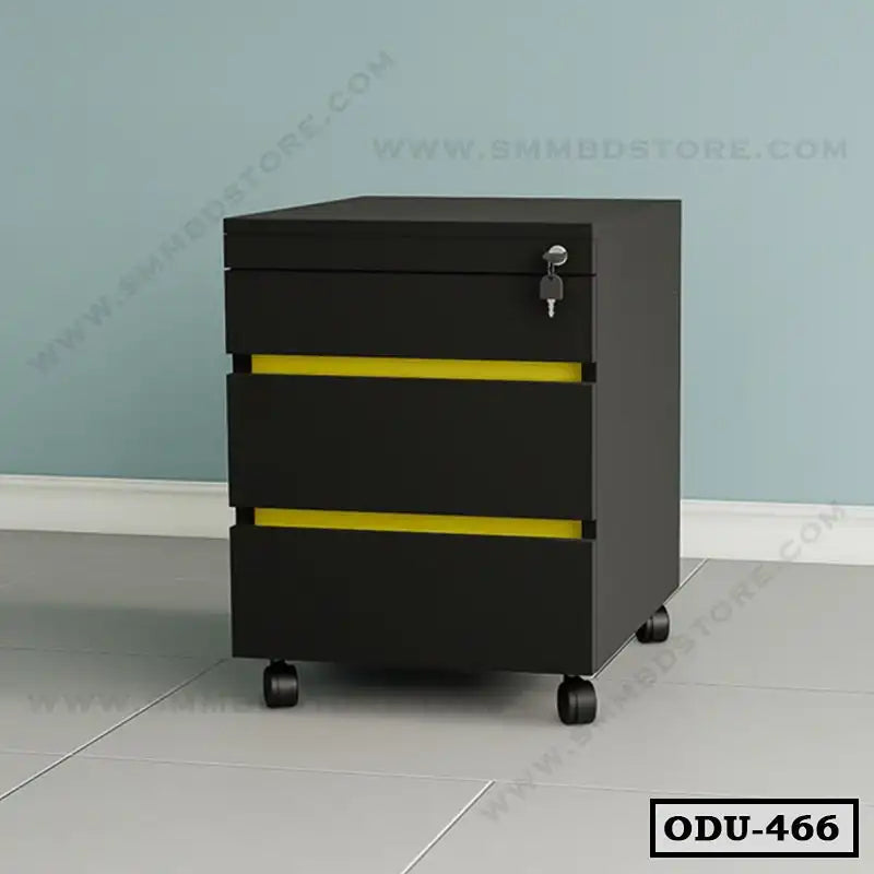 Modern black office drawer unit with three yellow-accented drawers and lockable wheels Main image