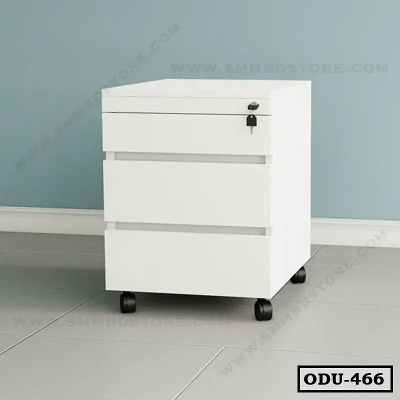 Modern white office drawer unit with lock and wheels on tiled floor