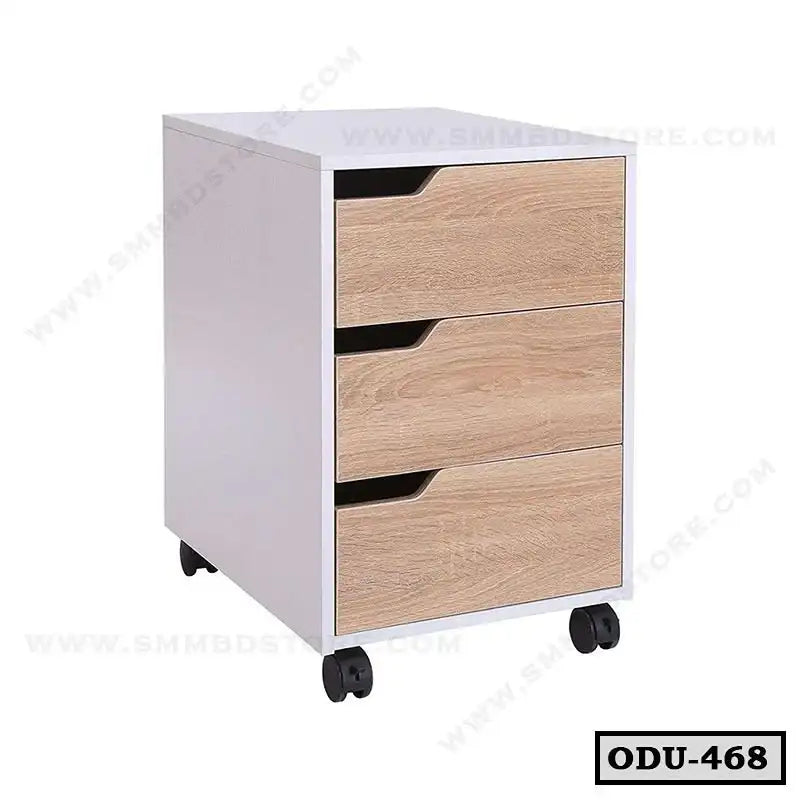 Modern office drawer unit with three wood finish drawers and white frame on wheels