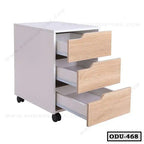 Modern office drawer unit with three wood-finish drawers and wheels, ideal for desk storage