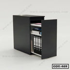 Modern black office drawer unit with open door, internal shelves holding files and books