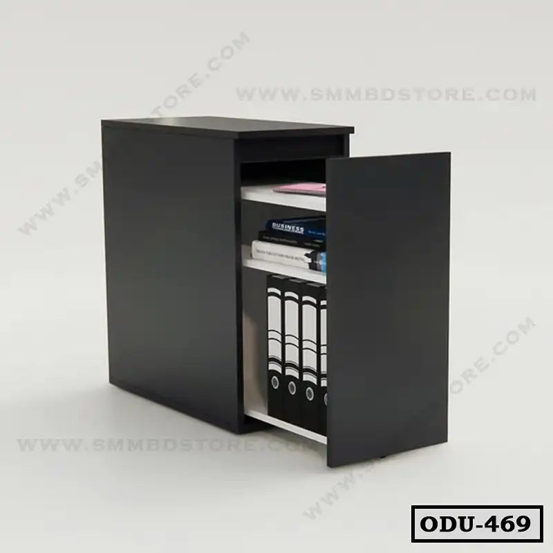 Modern black office drawer unit with open door, internal shelves holding files and books