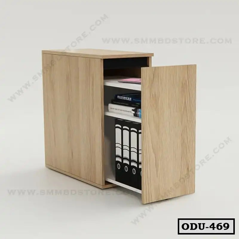 Modern wooden office drawer unit with open shelving and storage for files and books