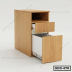 Modern wooden office drawer unit with open storage and two pull-out drawers