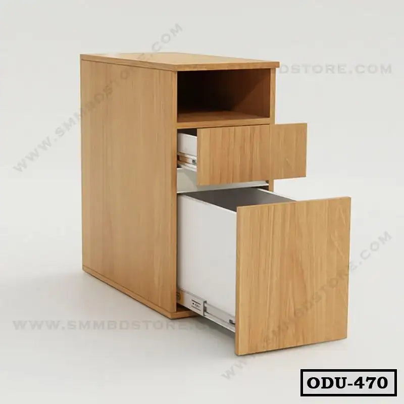 Modern wooden office drawer unit with open storage and two pull-out drawers