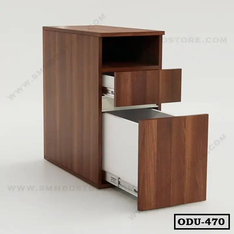 Modern wooden office drawer unit with open storage and two pull-out drawers on white background.