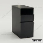 Modern black office drawer unit with open shelf and two drawers on a white background
