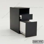Black office drawer unit with two open drawers on a white background, modern file cabinet