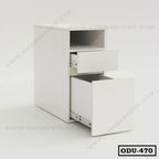 White office drawer unit with two open drawers and shelving, modern storage furniture