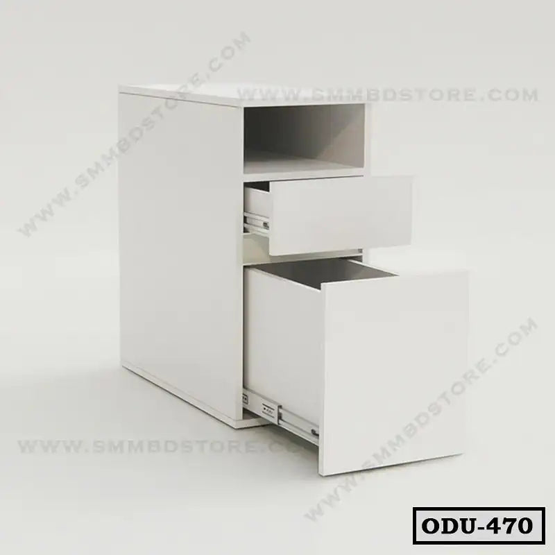 White office drawer unit with two open drawers and shelving, modern storage furniture