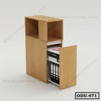 Modern wooden office drawer unit with open shelving and pull-out storage section, filled with files and books