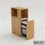 Modern wooden office drawer unit with open shelving and pull-out storage section, filled with files and books