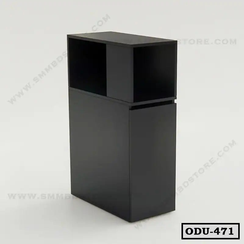 Modern black office drawer unit with open shelf on white background, minimalist design