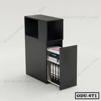Black office drawer unit with open compartment and sliding storage for files and books
