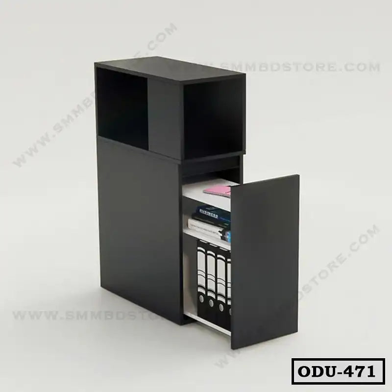 Black office drawer unit with open compartment and sliding storage for files and books