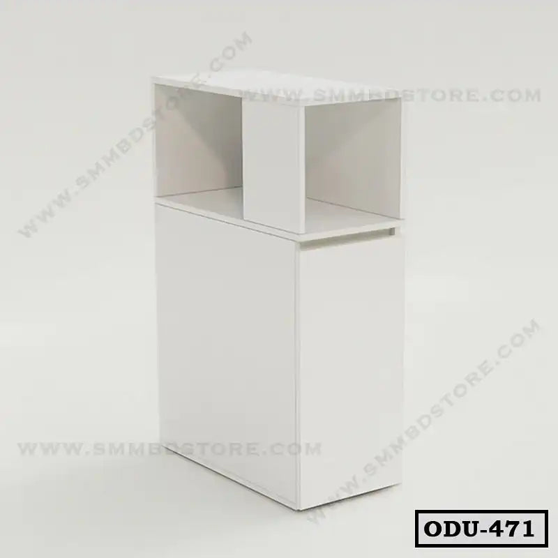 Modern white office drawer unit with open shelf and storage cabinet, minimalist design.