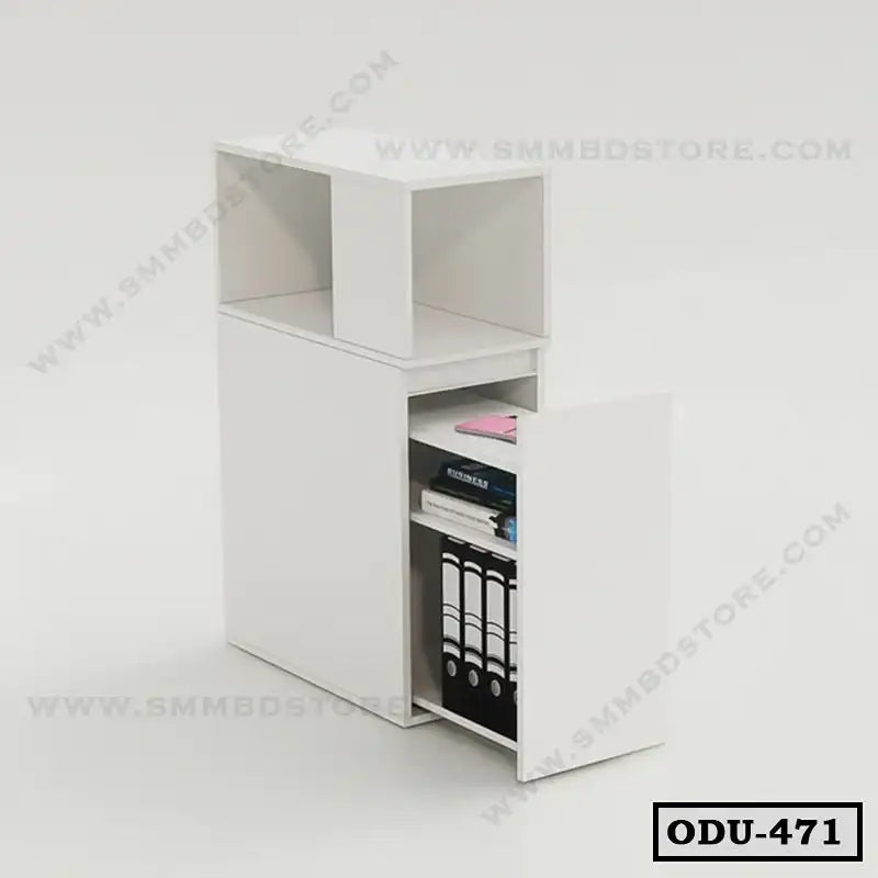 Modern white office drawer unit with open storage shelves and file folders, minimal design.