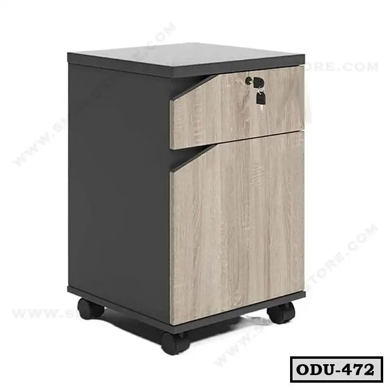 Modern office drawer unit with lockable casters in black and wood finish, two drawers