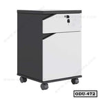 Modern office drawer unit with lockable drawers and wheels, black and white finish.