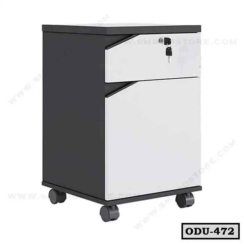 Modern office drawer unit with lockable drawers and wheels, black and white finish.