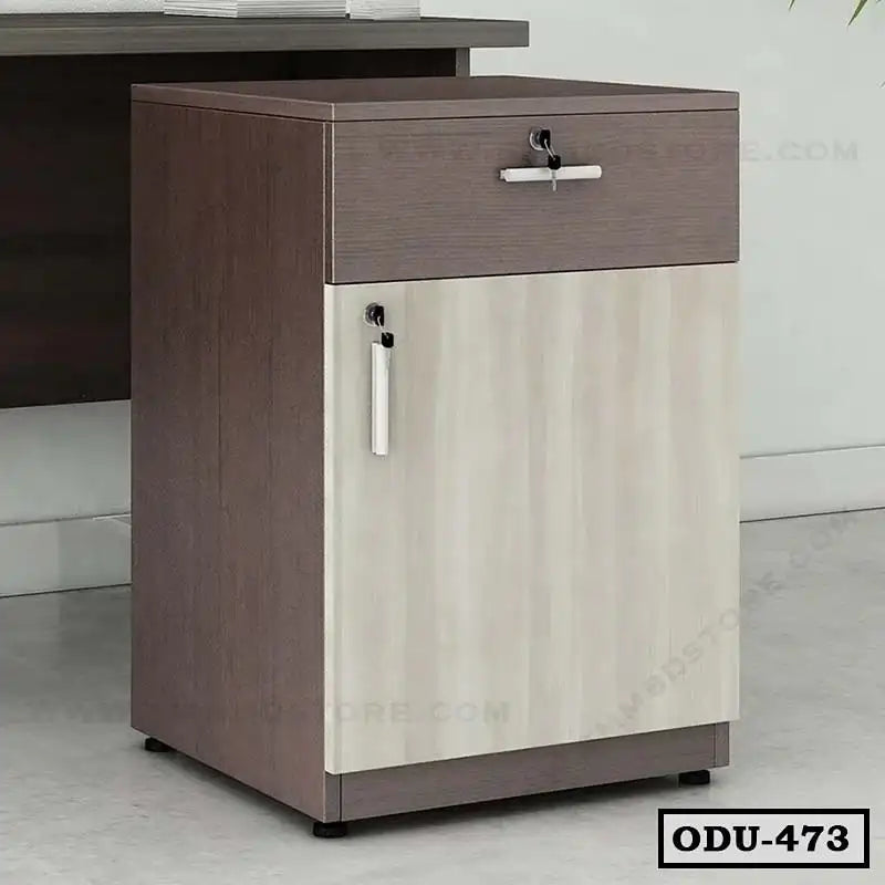 Modern office drawer unit with lock, two-tone wood finish, compact storage cabinet
