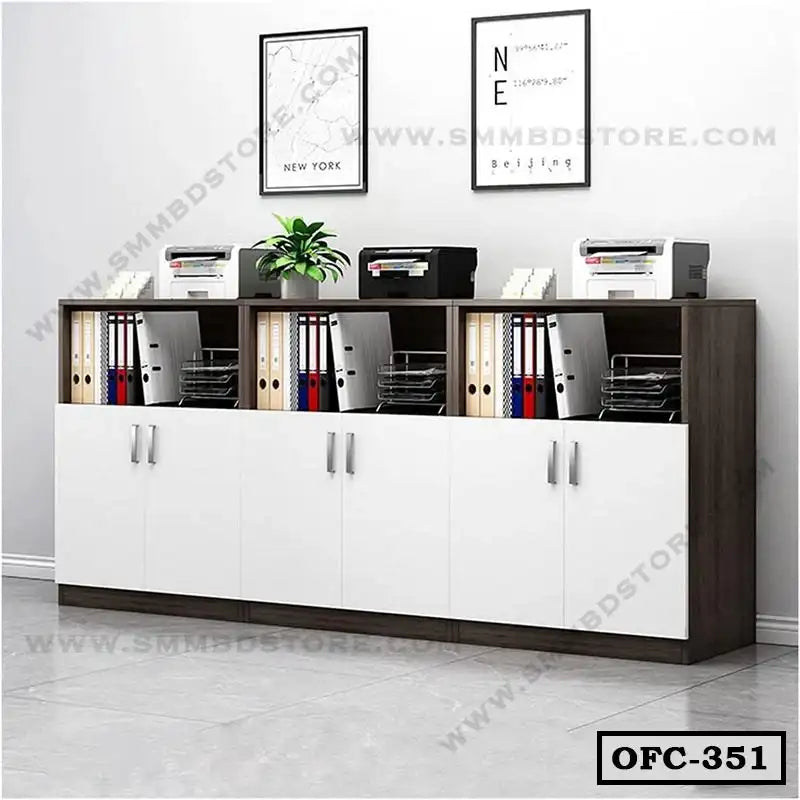 Modern office file cabinet with white doors, open shelving, binders, and printers in workspace. Main image