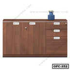 Modern wooden office file cabinet with drawers, lockable storage, and blue vase decor
