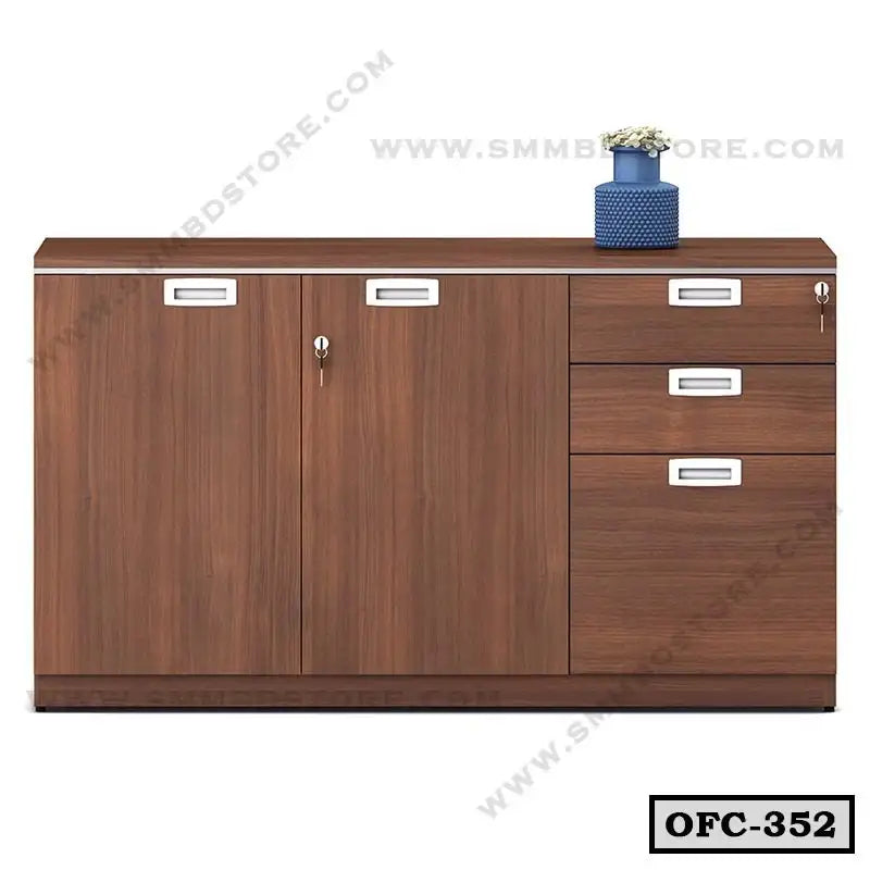 Modern wooden office file cabinet with drawers, lockable storage, and blue vase decor