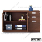 Modern wooden office file cabinet with drawers, shelves, books, and decorative vase