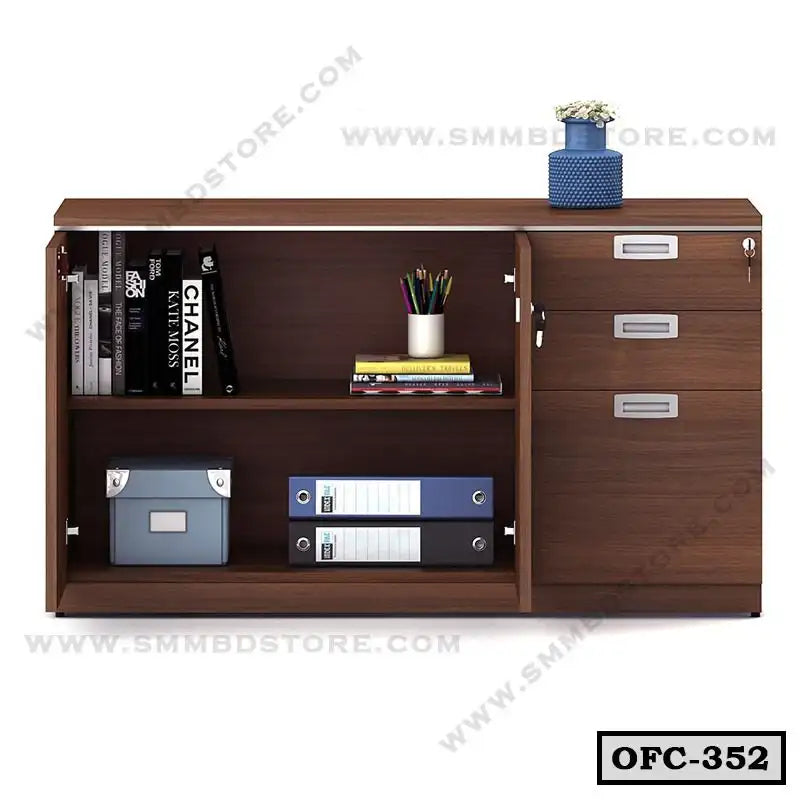 Modern wooden office file cabinet with drawers, shelves, books, and decorative vase