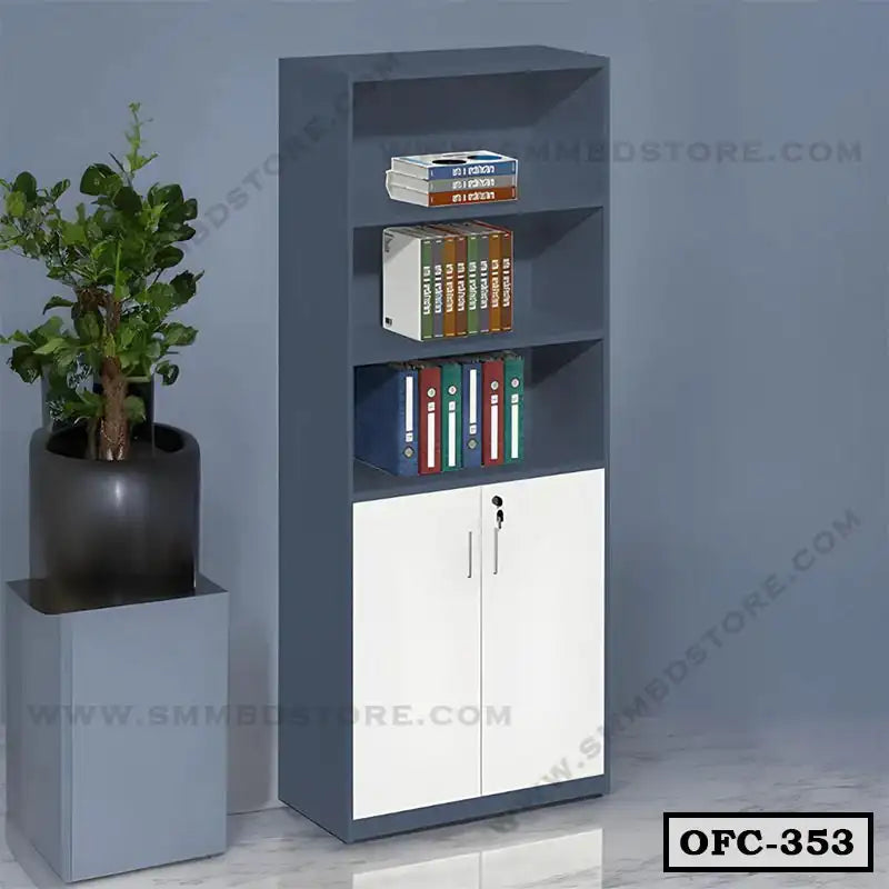 Modern office file cabinet with shelves and locking doors, holding books and folders, next to a potted plant Main image