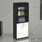 Modern black and white office file cabinet with shelves and storage doors for documents