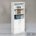 White office file cabinet with shelves, lockable doors, and organized files and books.