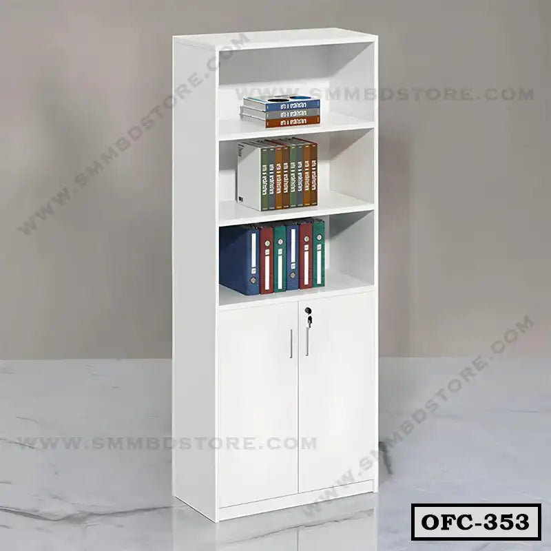 White office file cabinet with shelves, lockable doors, and organized files and books.