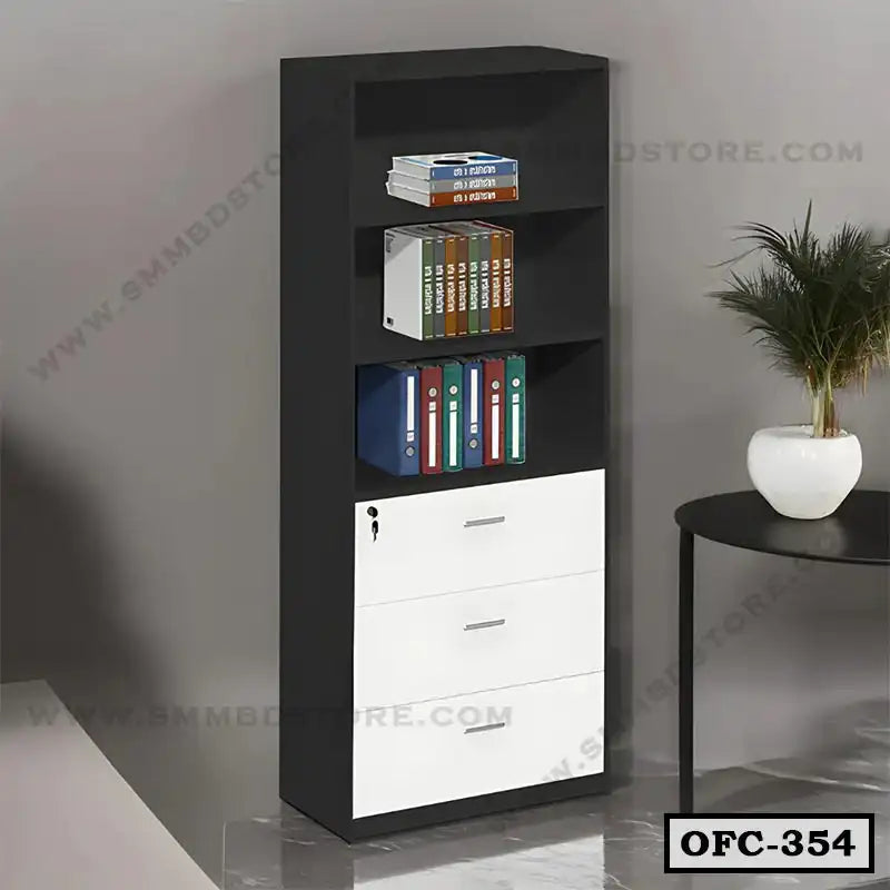 Modern office file cabinet with open shelves and lockable drawers, black and white design Main image
