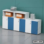 Modern office file cabinet with blue and white doors, shelves holding folders and organizers.