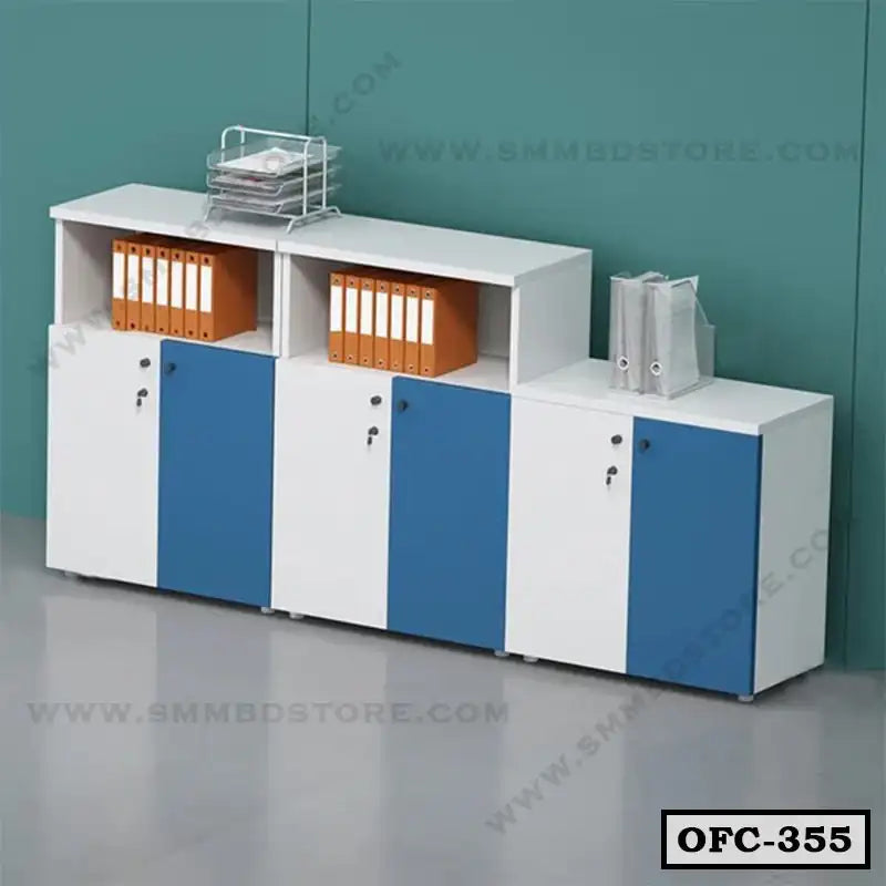 Modern office file cabinet with blue and white doors, shelves holding folders and organizers.