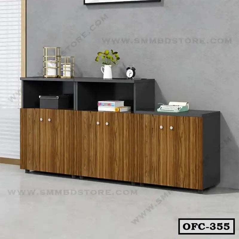 Modern wooden office file cabinet with storage shelves and decorative items against gray wall Main image